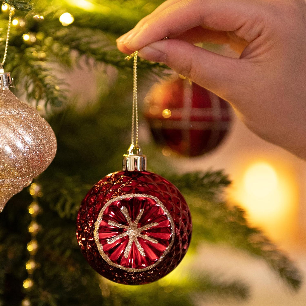 Christmas Tree Ornaments Set, 16ct Burgundy and Gold Shatterproof Christmas Tree Decorations&Lighted Christmas Angel