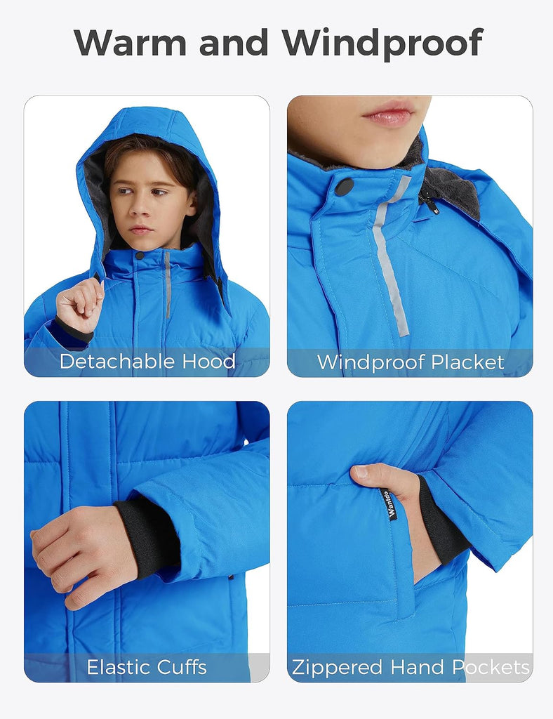 Boys Puffy Winter Coats Fleece-Lined Snow Jackets Removable Hood