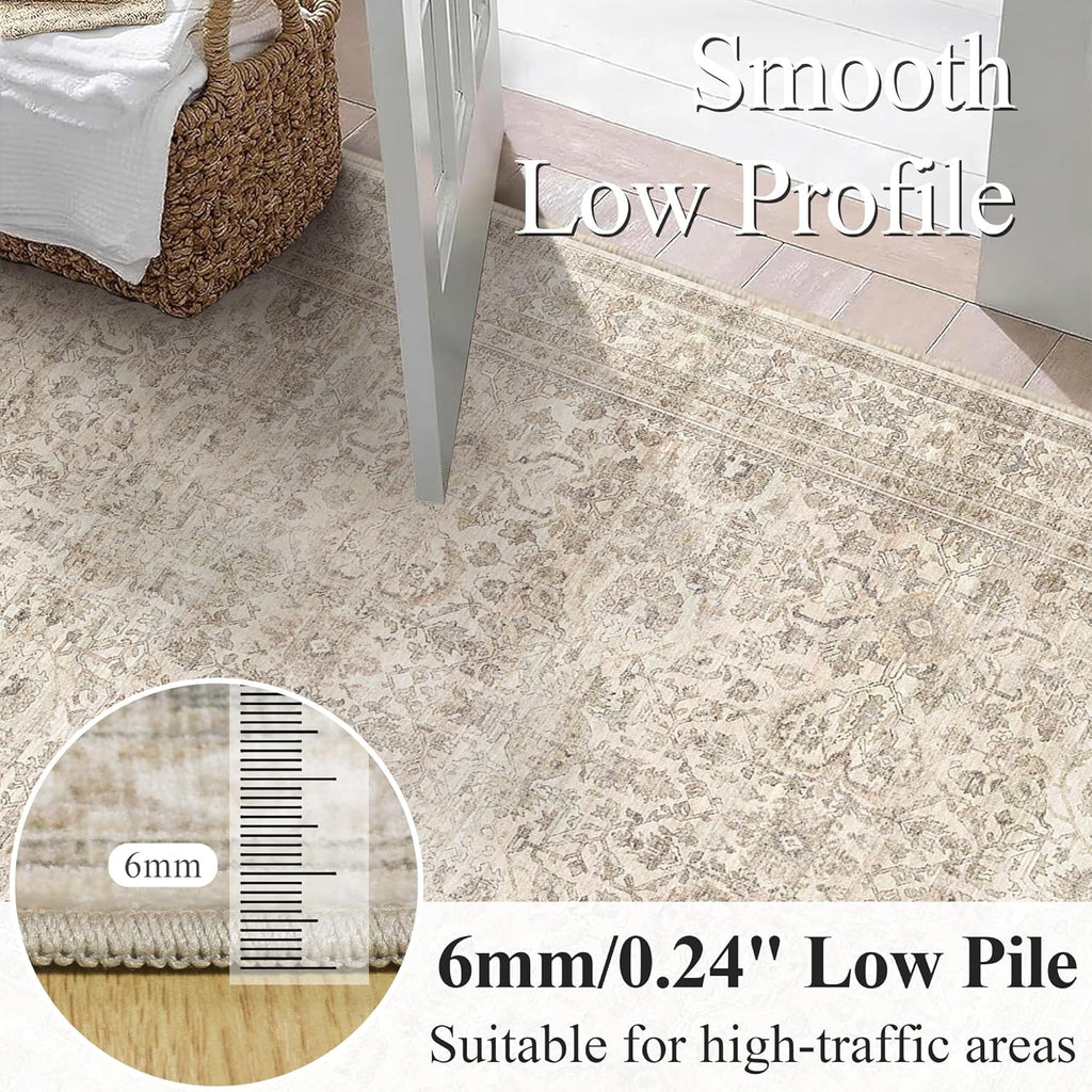 3x5 Beige Area Rug Washable Vintage Neutral Non Slip Distressed Entryway Rugs, Soft Low Pile Retro F