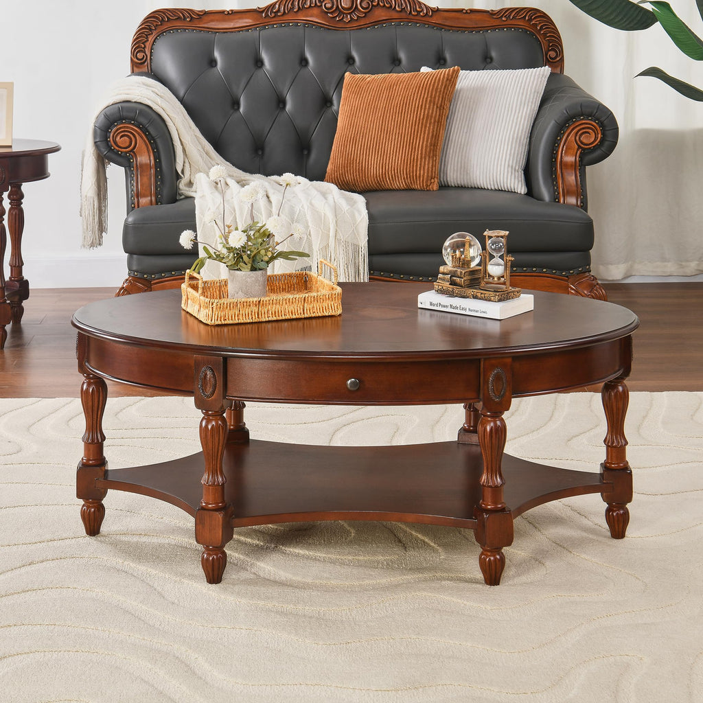 Oval Coffee Table, Cherry Solid Wood Coffee Table with Storage Drawer, Victorian Antique Vintage Coffee Tables
