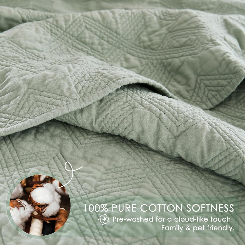 100% Cotton King Quilt Set - Sage Green Pre-Washed Soft Lightweight Modern Bedspread, Farmhouse Country Rustic
