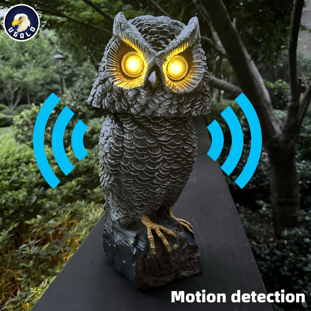 Solar Powered Garden Owl with Motion Detection, Rotating Head, Realistic Hoots and Silent Mode, Outdoor Statue and