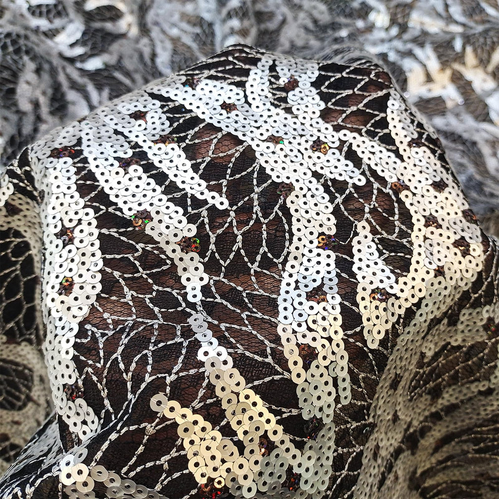 African Lace Fabric 5 Yards Silver Sequins Embroidery