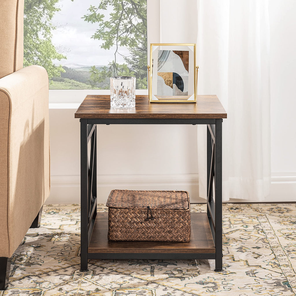 Industrial End Table, 18" Square Side Table with 2-Tier Storage Shelf, X-Design Metal Frame, Rustic Brown Nightstand