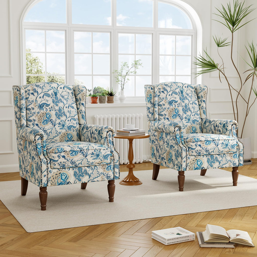 Floral Wingback Accent Chairs with Wood Legs, Boho Blue, Set of 2