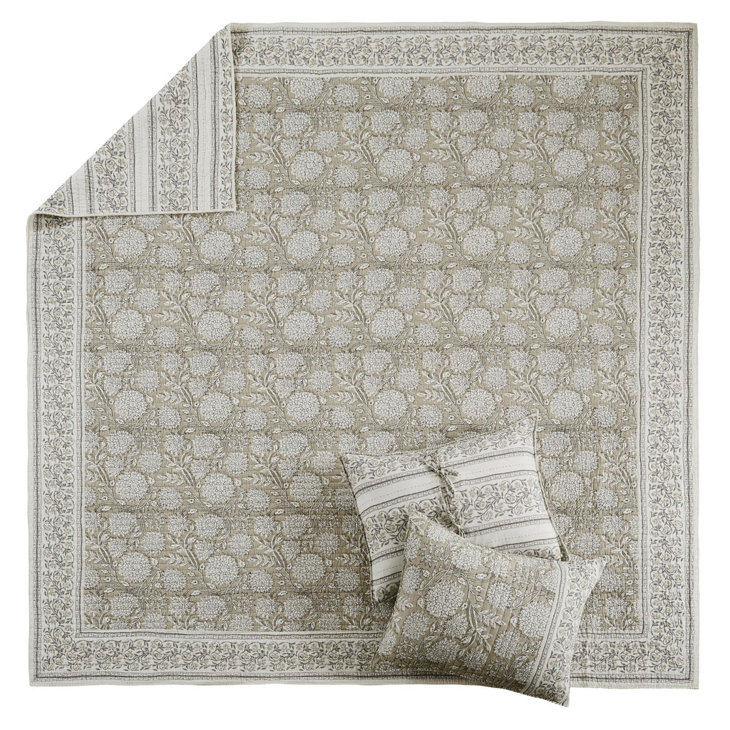 Adare Taupe Reversible Quilt Set (106x92in) and 2 Pillow Shams (36x20in) - Floral Bedding - Taupe White