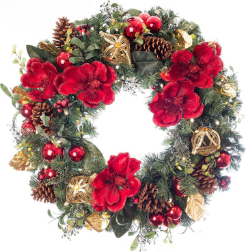 30 Inch Pre-Lit Artificial Christmas Wreath, Red Magnolia