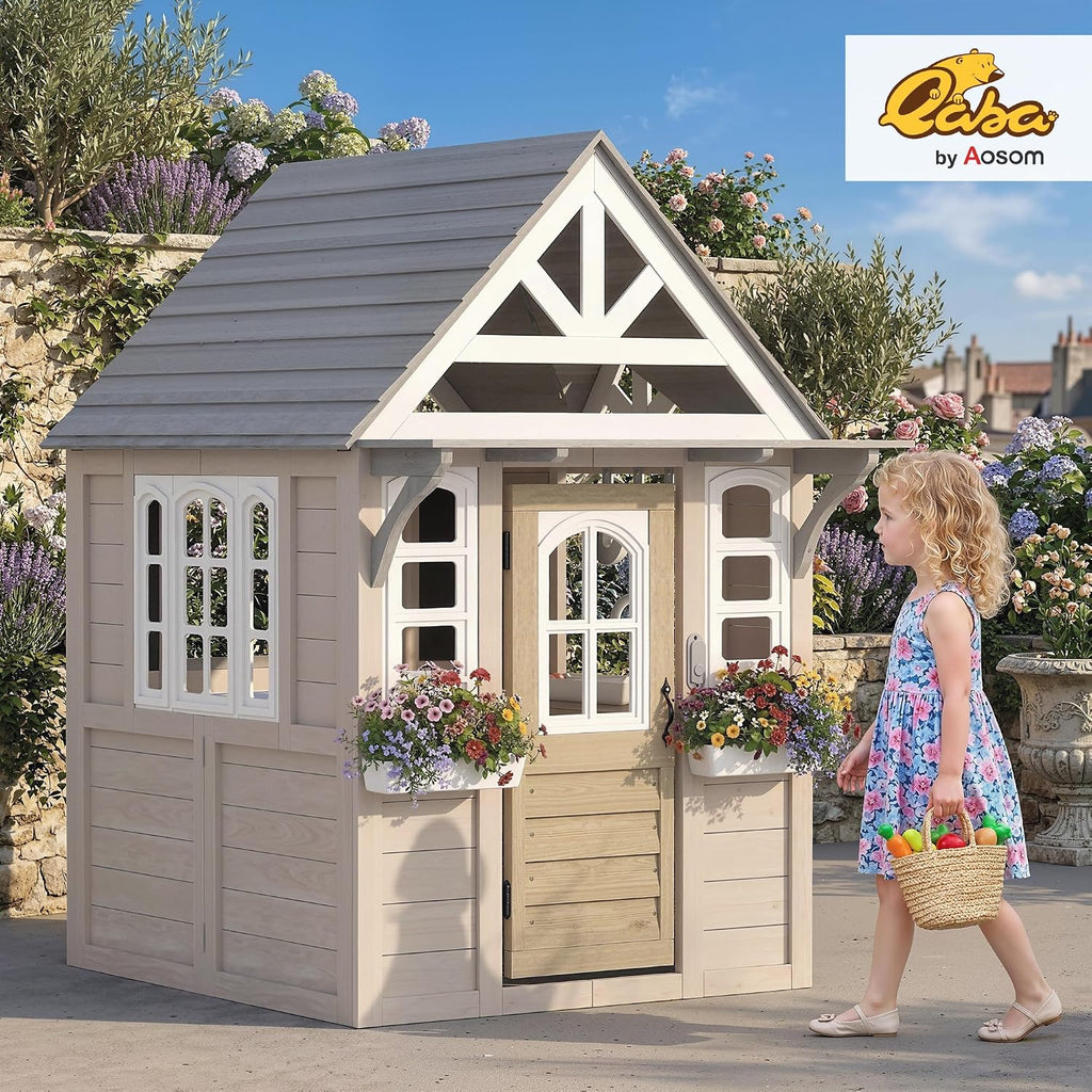 Kids Outdoor Playhouse Wooden Kids Cottage with Dog Door Ages 2+ Gray | Cookware, Planter Box, Bell, Blackboard