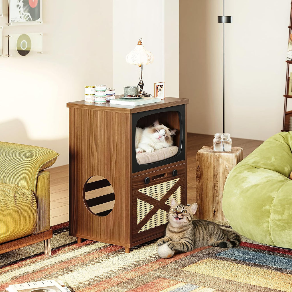 2-Tier TV Shaped Cat Litter Box Enclosure with Rattan Scratch Board
