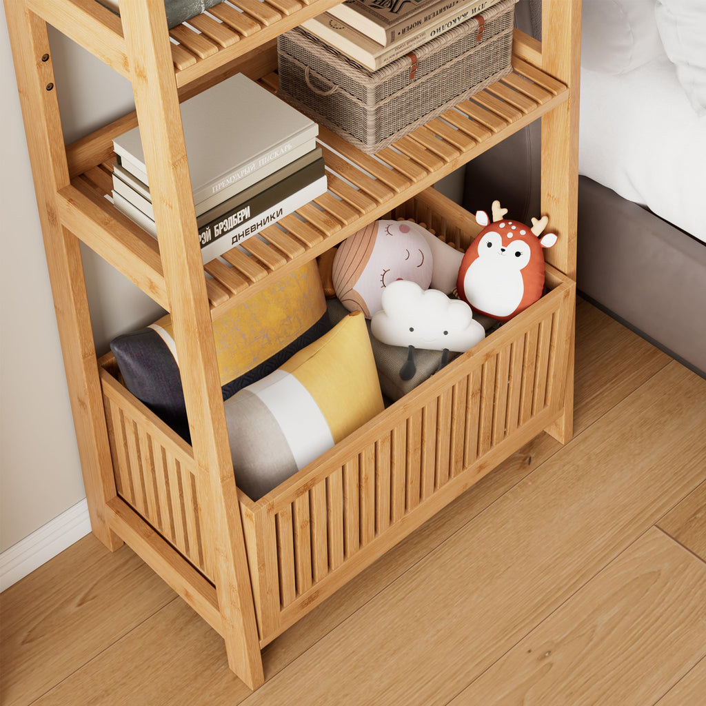 Bamboo Ladder Shelf, Bookshelf with 4 Display Shelves and 1 Open Storage Basket, Multifunctional Storage Rack