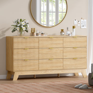 9 Drawer Fluted Dresser, Mid Century Modern Wooden Dresser with 9 Drawers, with Metal Handle, TV Stand & Storage