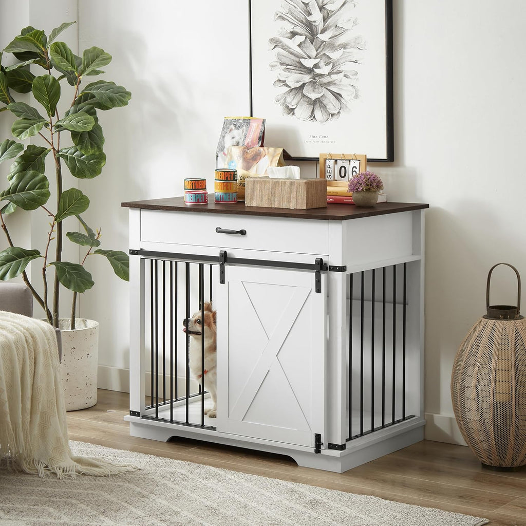 37.8'' Dog Crate Furniture with Storage Drawer, Decorative Wooden Dog Kennel with Sliding Barn Door, Indoor Water
