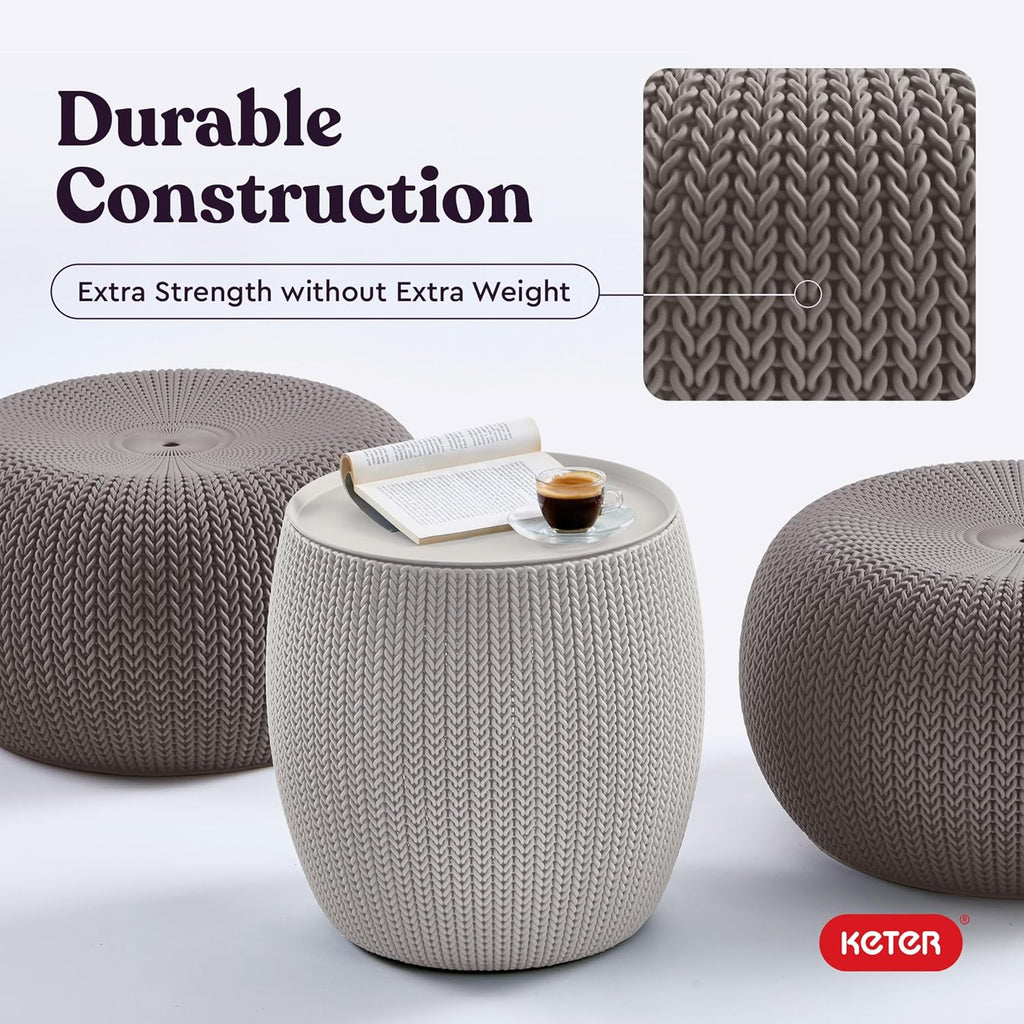 Urban Knit Pouf Ottoman Set of 2 with Storage Table and Room Décor-Perfect for Balcony, Deck, and Outdoor Seating