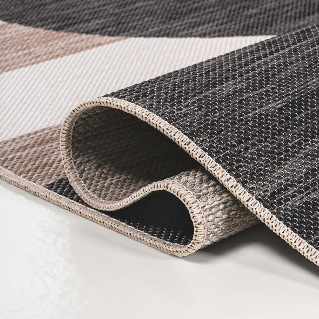 Beach Stripe and Monstera Leaf Indoor Outdoor Area Rug Black/Beige, Allison Classic for Backyard, Patio, Porch