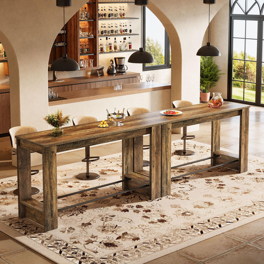 63'' High Top Long Bar Table, 37.4'' Counter Height Pub Table with Metal Footrests, Long Home Bar Unit, Bistro, or