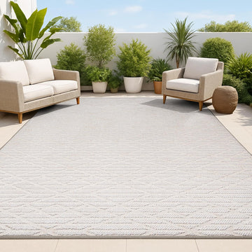 Moroccan Diamond Indoor Outdoor Area Rug Beige, Ararat High-Low Pile Modern for Backyard, Patio, Porch
