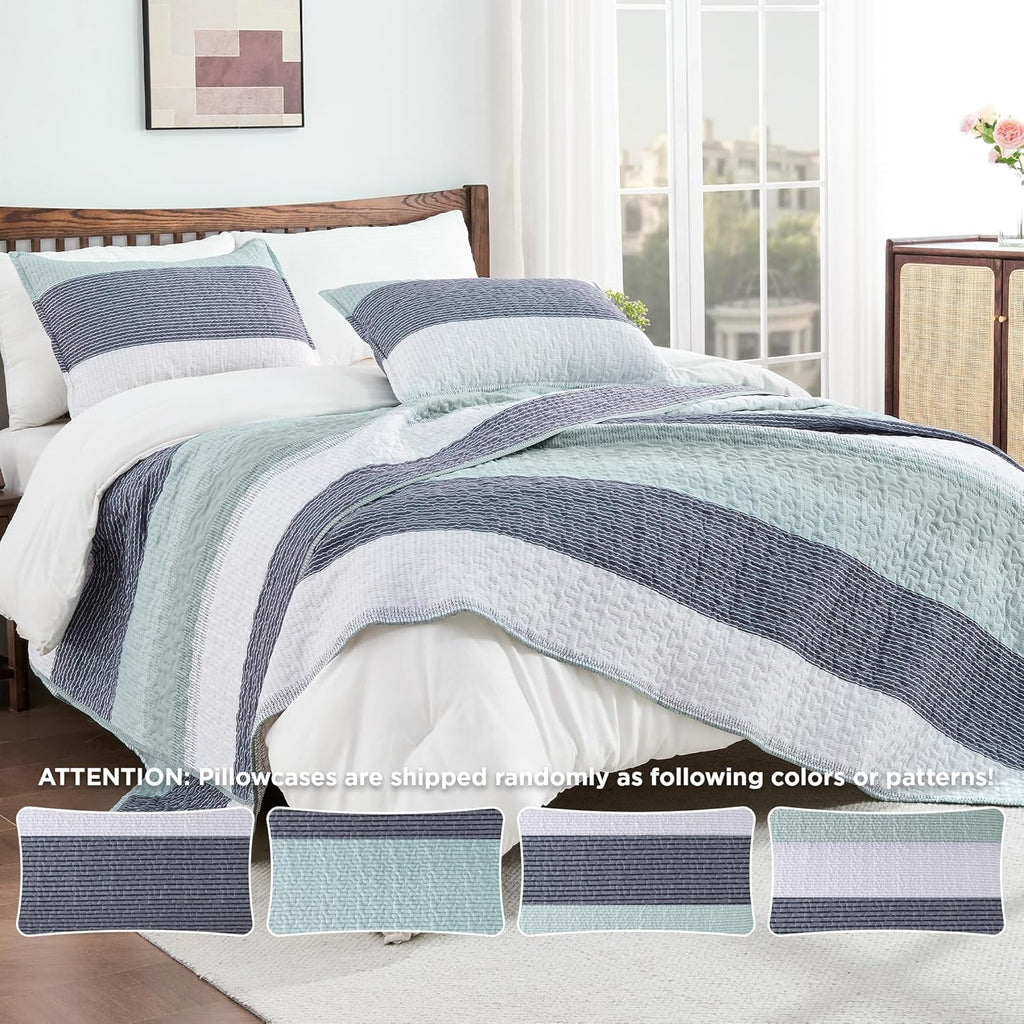 Queen Quilt Bedding Set Sage Green, 3 Pieces Patchwork Mint Green Striped Ultra Soft Lightweight Bedspreads