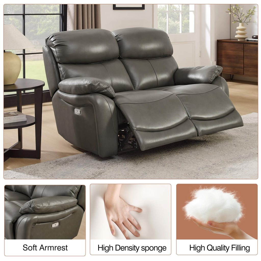 Grey Top Grain Leather Power Recliner Sofa Loveseat with USB Port.
