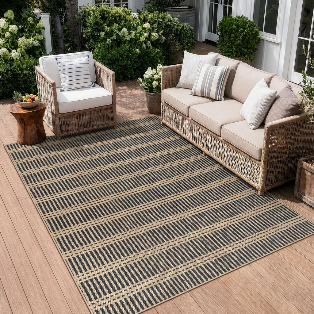Striped Easy Jute Outdoor Rug, Black Washable Rugs Living Room, Indoor Outdoor Non Slip Area Rug, Farmhouse