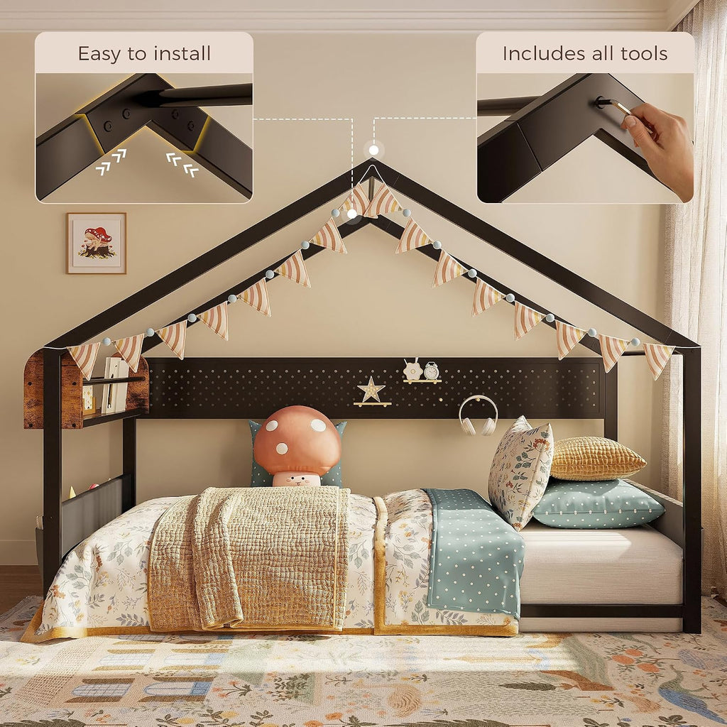 Twin Floor Bed with Storage & Roof, Metal House Bed Frame, Black