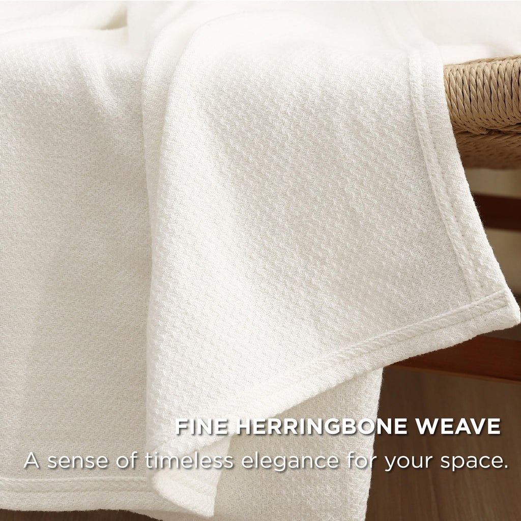100% Cotton Blanket, Herringbone Weave, Cream