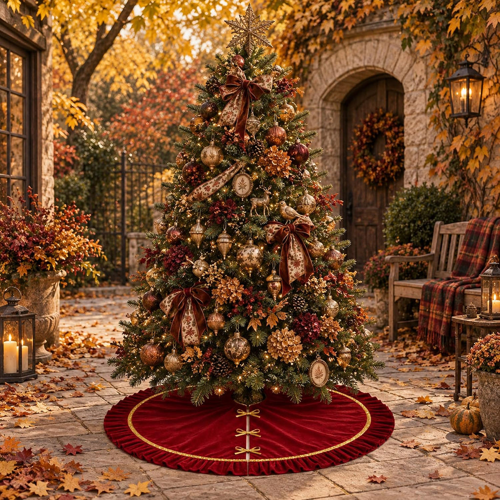 Christmas Tree Skirt Burgundy Velvet Ruffle 48 Inch Xmas Tree Rug Skirt with Gold Sequin Trim Luxury Vintage Tree