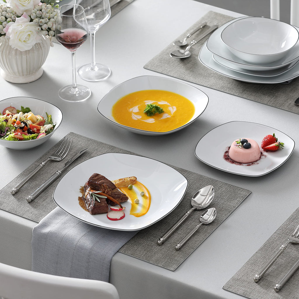 Dinnerware Sets, 24 Piece Porcelain Square Dishes, White with Black Rim Plates and Bowls Sets, Ceramic Dish Set for