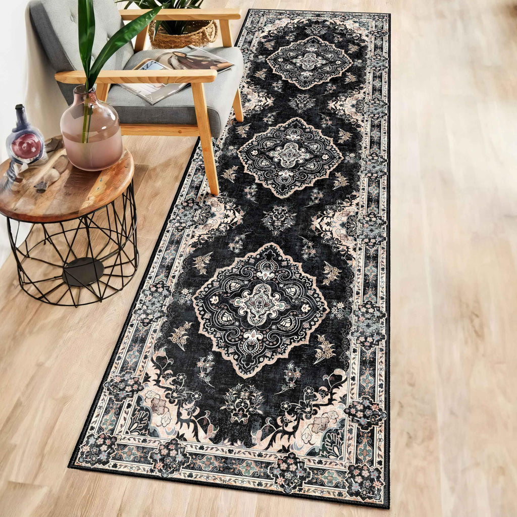 Black Runner Rug Washable 2x8 Area Rugs Non Slip Low-Pile Floral