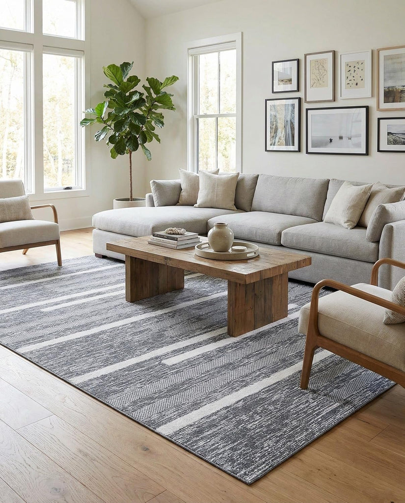 Abbey Rug - 9' 10 x 14' 1 Gray Textured Cotton Rug - Modern Striped Design, Large Area Rug