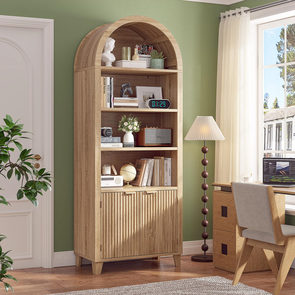 Arched Cabinet, 6-Tier Storage Arched Bookshelf, Light Oak