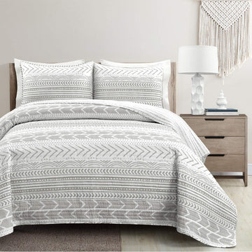 Hygge Geo Cotton Reversible Quilt, 3 Piece Set, King, Gray/White - Geometric Striped Bedding - King Size Quilt