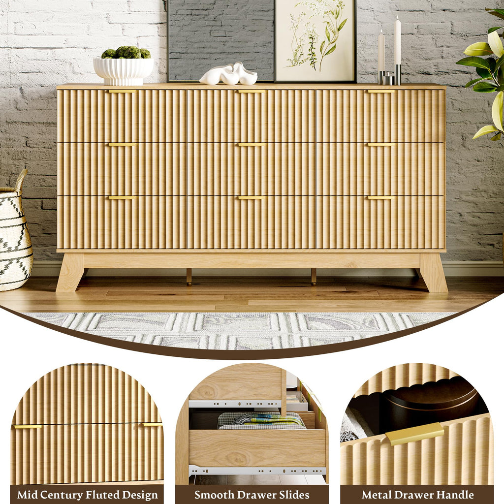 Fluted Dresser with 9 Drawers, Oak