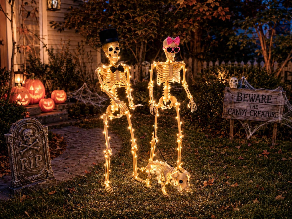 36-Inch 3-Piece Lighted Human & Dog Skeleton Halloween Decor - Set of 3