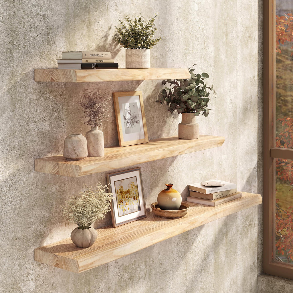55" Floating Shelves, Solid Elm Wood, Sand Tone Live Edge