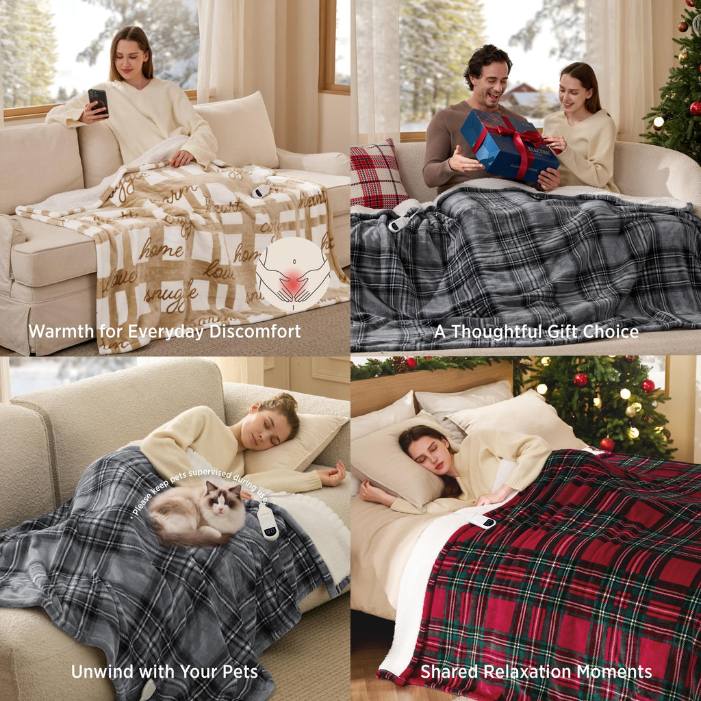 Blue Plaid Heated Throw Blanket, Flannel Sherpa Electric Blanket