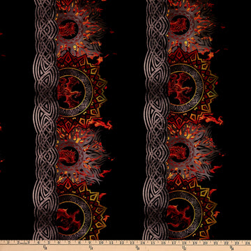In The Beginning Digital Dragons Flame Border Red/Black, Fabric by the Yard