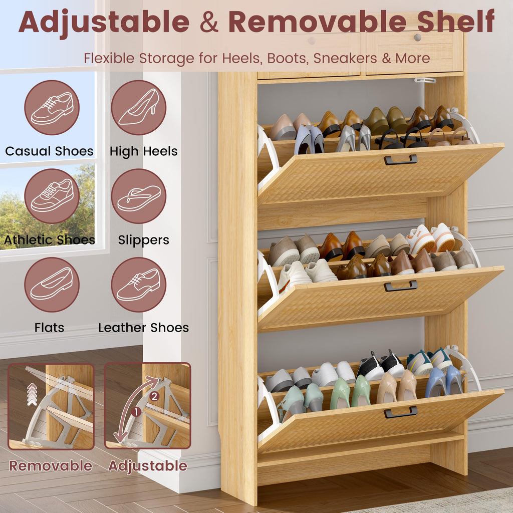 Fluted Shoe Cabinet, 3 Flip & 2 Top Drawers, Oak