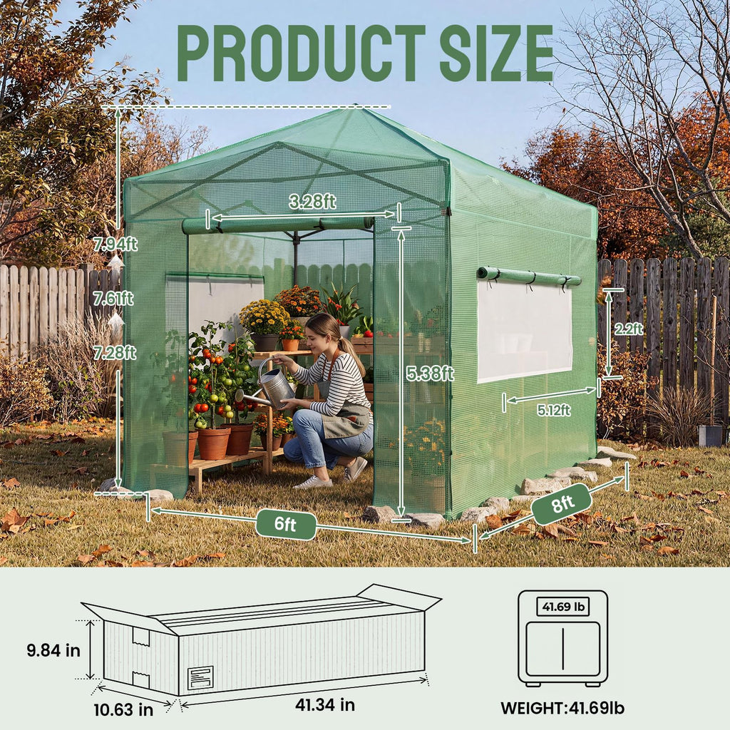 8x6 Walk-in Pop-Up Greenhouse for Outdoors, Green