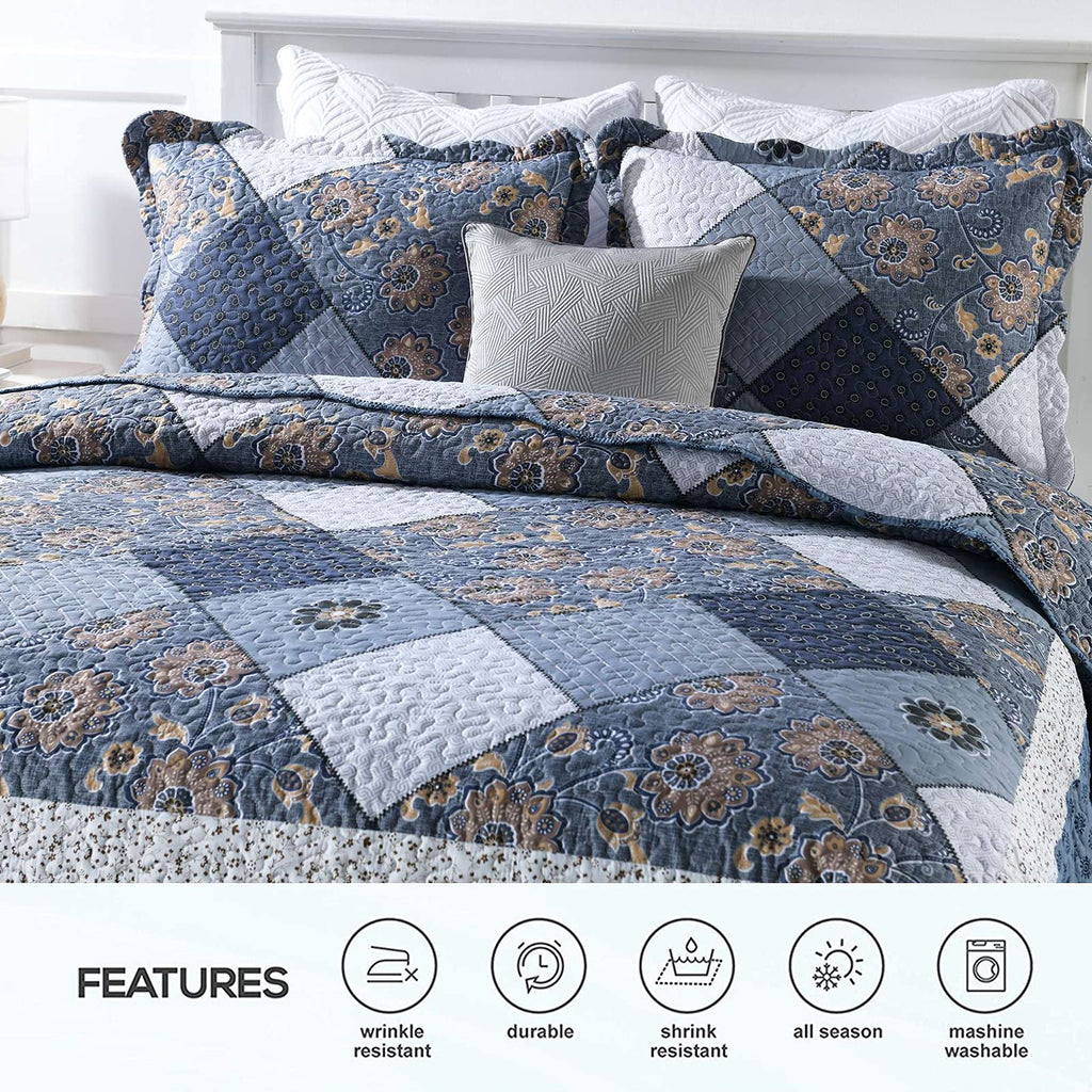 Navy Blue Plaid Floral Quilt Set 98"x106", 3 Pcs Boho Bedspread Coverlet Set for All Season, Patchwork