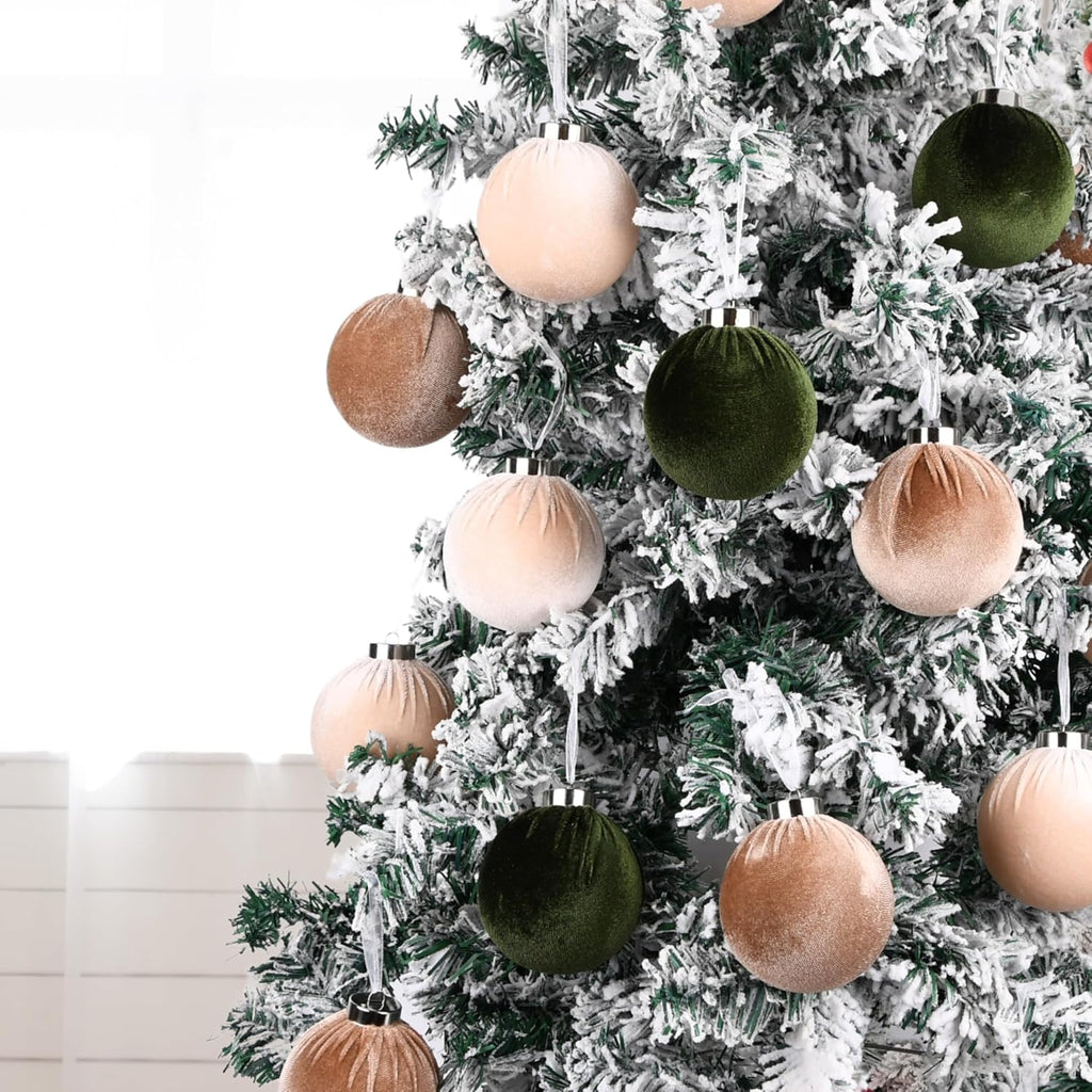 Christmas Tree Ornaments Velvet Balls - Pack of Shatterproof Xmas Bulbs Decorations Set - Multicolor Green - Set of 15