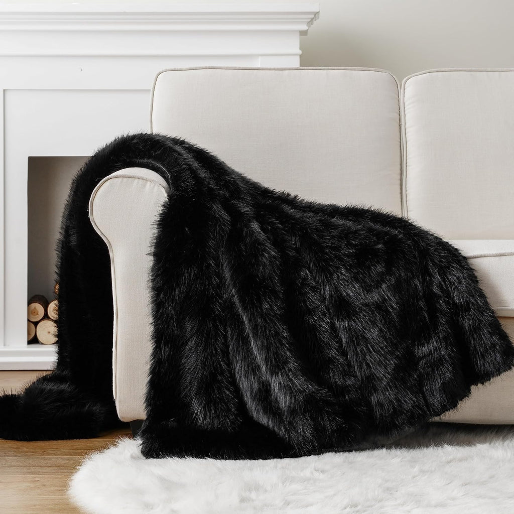Luxury Fluffy Black Faux Fur Throw Blanket, Black Blanket for Couch, Sofa, Chair, Bed, Plush Fuzzy Cozy Fur Throws