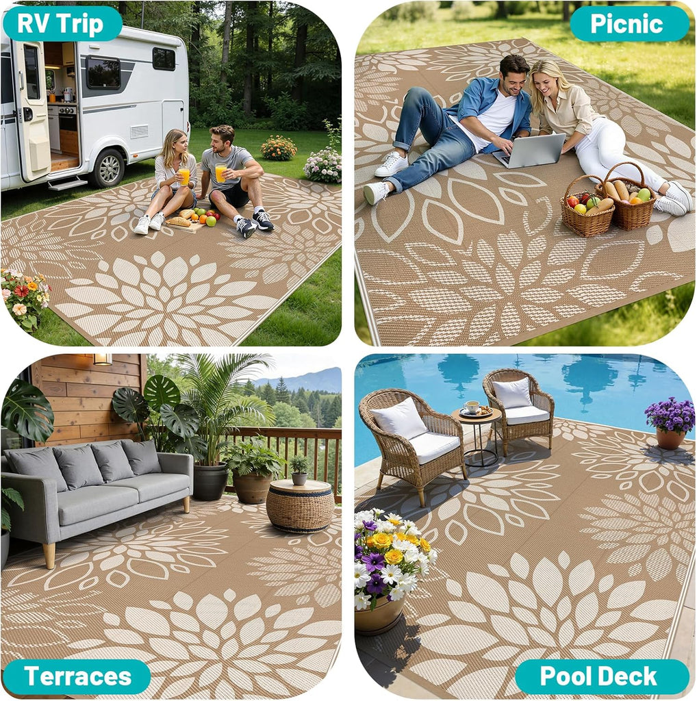 Waterproof Outdoor Rug 9x12 for Patios, Floral Reversible Plastic Straw Rug Patio Mat, Indoor Outdoo
