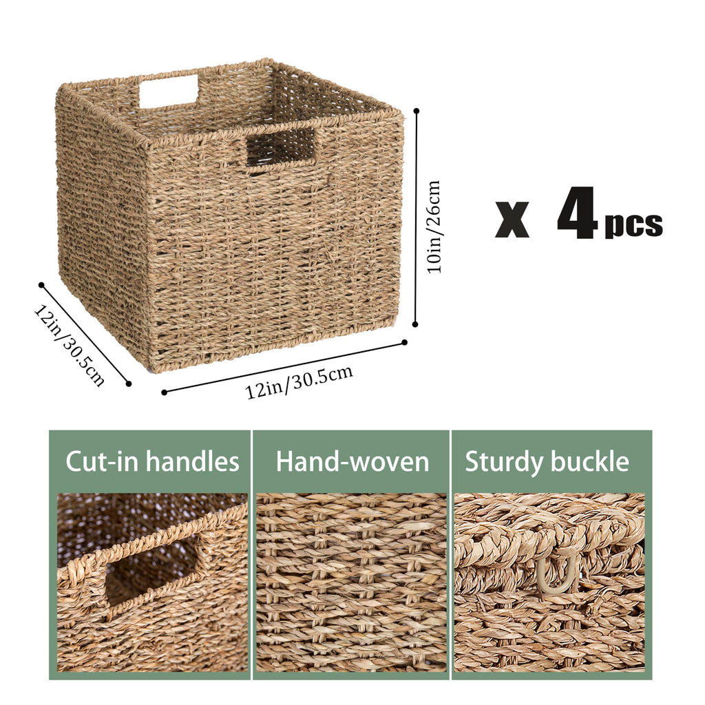 12x12x10in Seagrass Storage Baskets Set of 4, Large Wicker Storage Basket, Decorative Seagrass Shelf Basket, Pantry