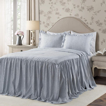 Stripe Bedspread 3 Piece Set Navy - Ruffle Bedding Set Bedspreads - Striped Bedding - Farmhouse &