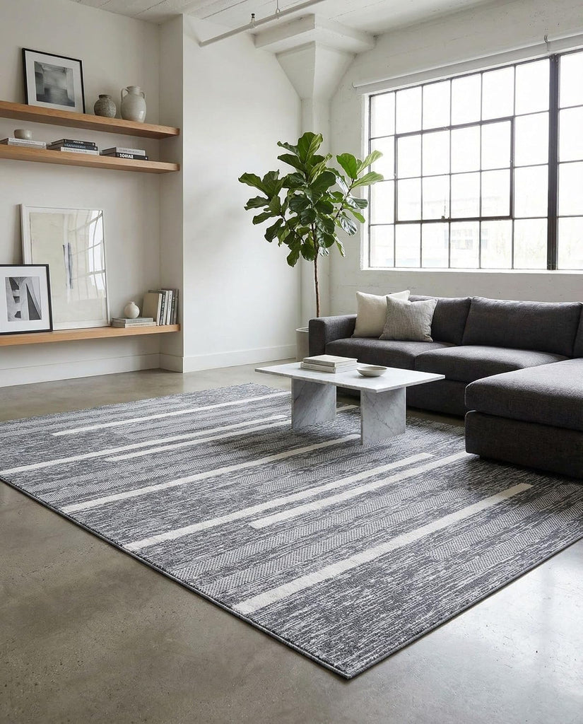 Abbey Rug - 9' 10 x 14' 1 Gray Textured Cotton Rug - Modern Striped Design, Large Area Rug
