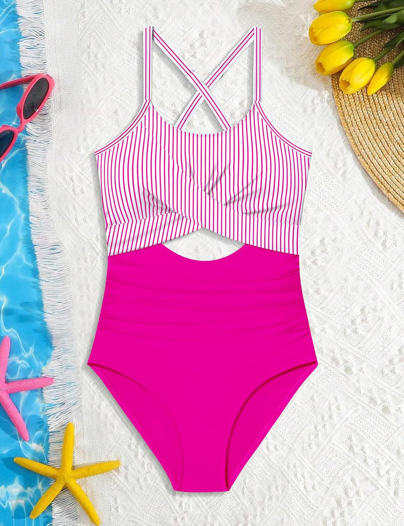 Girl Swimsuit One Piece Cutout Ruched Bathing Suit for Girls Color Block Adjustable Straps Pad Swimwear