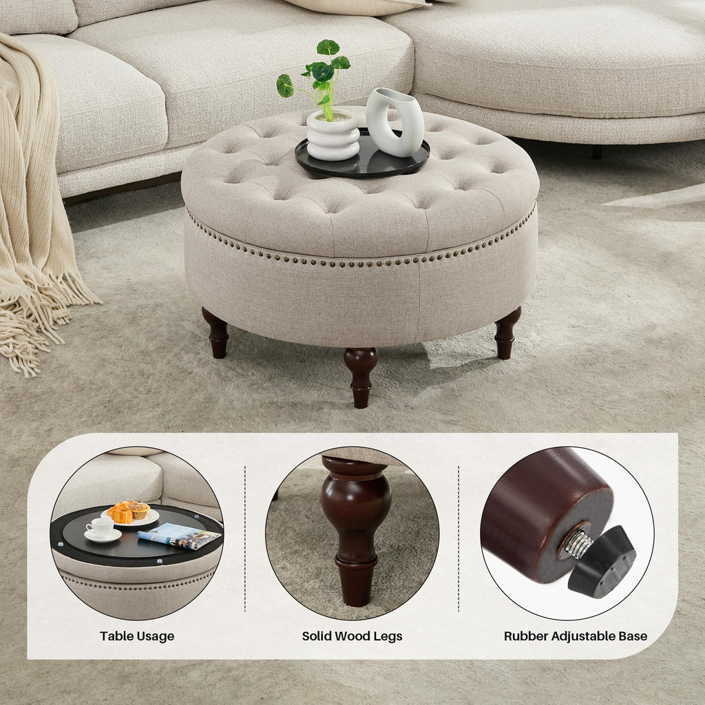 31.5"Large Round Storage Ottoman, Tufted Linen Ottoman Coffee Table