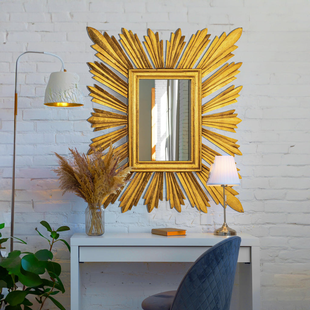 Sunburst Rectangular Wall Mirror, Gold