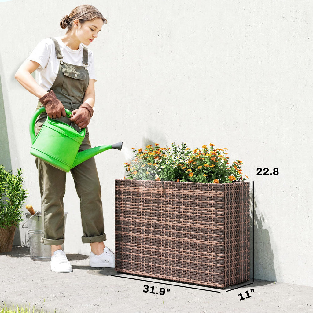 Tall Rectangular Planter with Removable Liner PE Wicker Brown