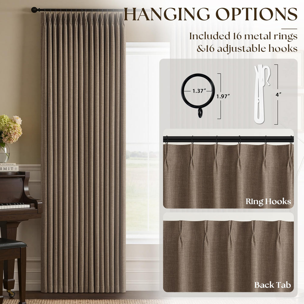 96 Inch Blackout Pinch Pleated Curtains 2 Panel Set Darkening Thick Linen Textured 100% Black Out Drapes 96 Inches